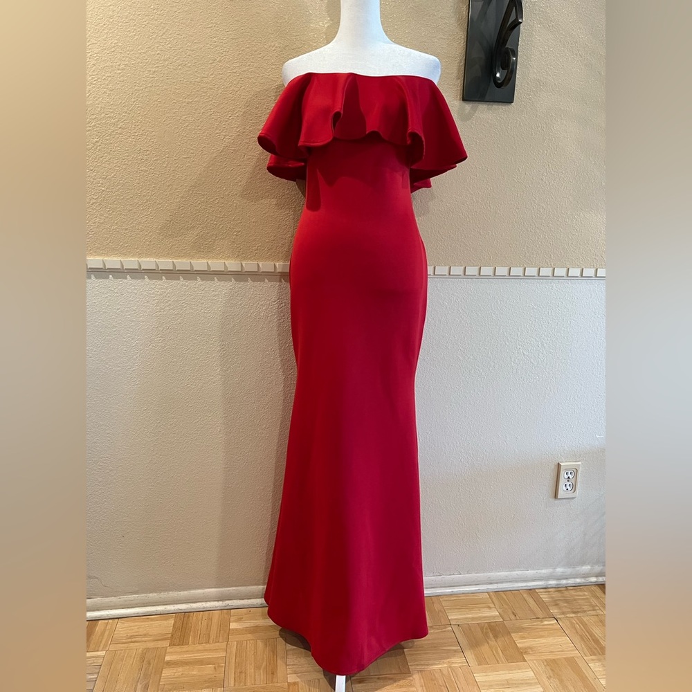 Formal/ Bridesmaid/ Evening long dress. Off—shoulder, ruffled. Red. Rare! M - Picture 4 of 11
